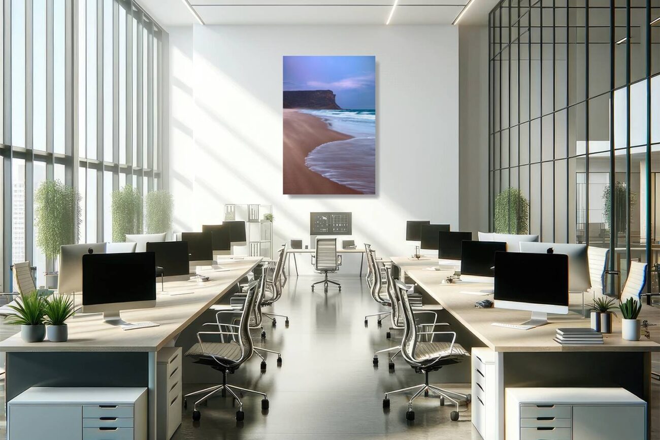 Office art: Serene sunset at Garie Beach, minimalist depiction with soft blue skies and gentle waves, enhancing office tranquility.