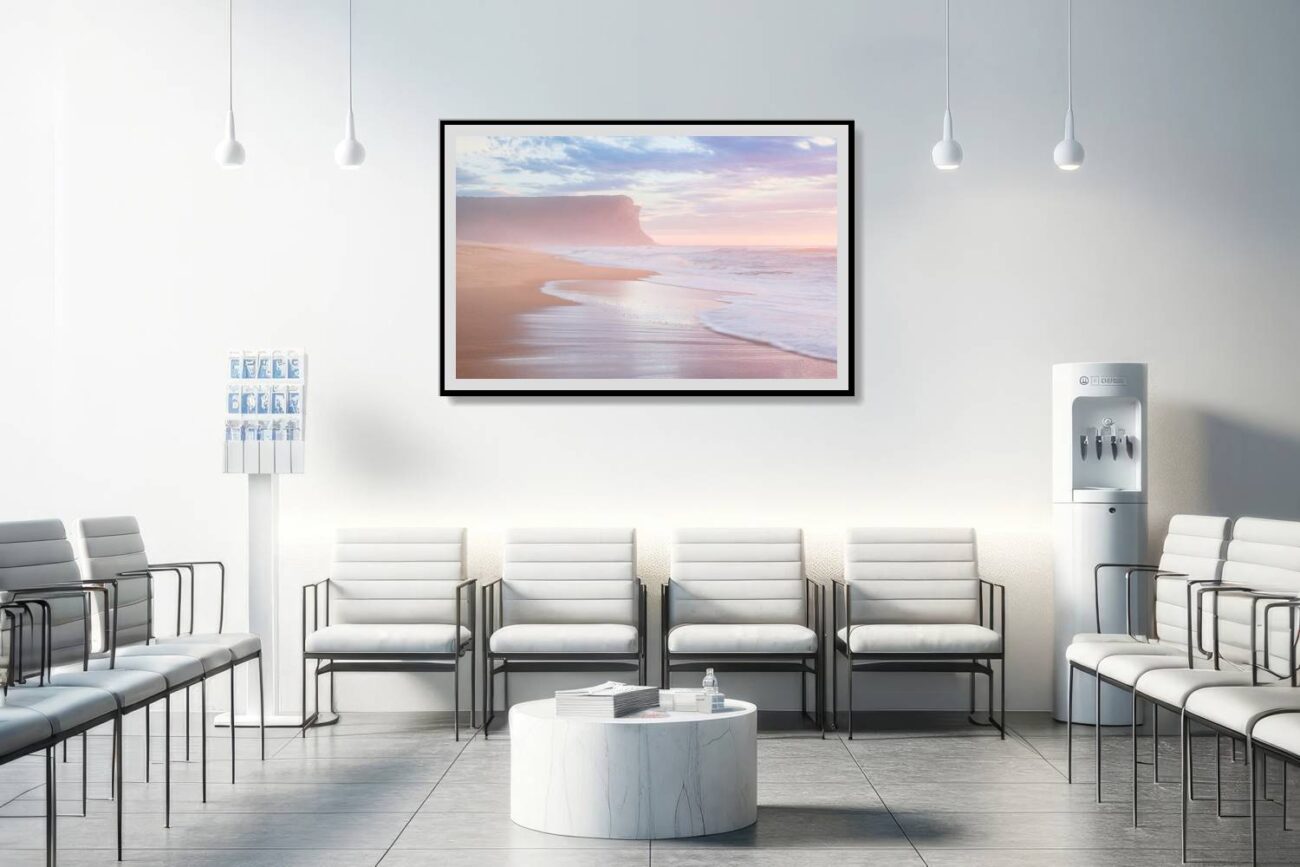 Medical office art: Pink sunrise beside Garie Beach's cliff face, soothing and vibrant beach landscape as pink wall art for medical spaces.