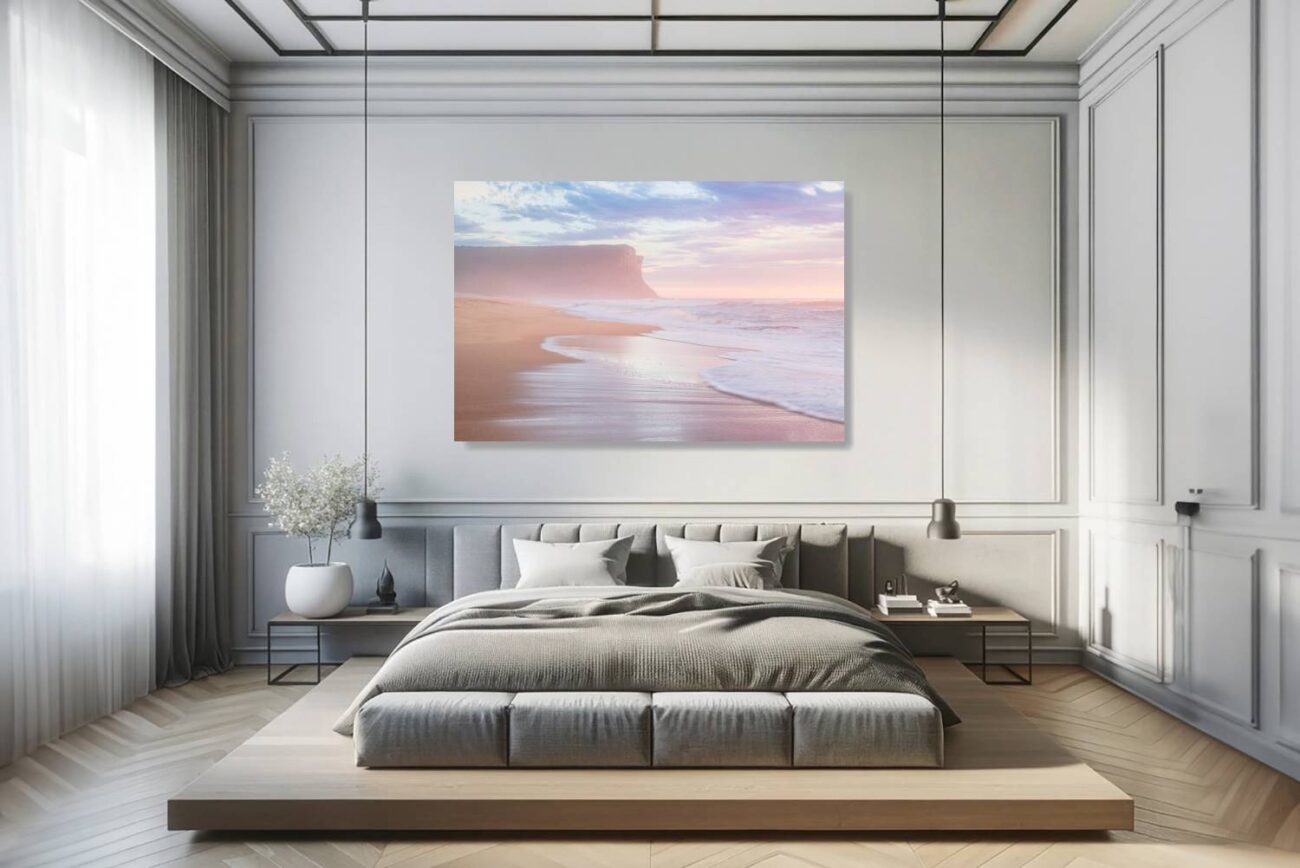 Bedroom art: Pink sunrise at Garie Beach beside the cliff face, tranquil and vibrant pink wall art for bedroom decor.