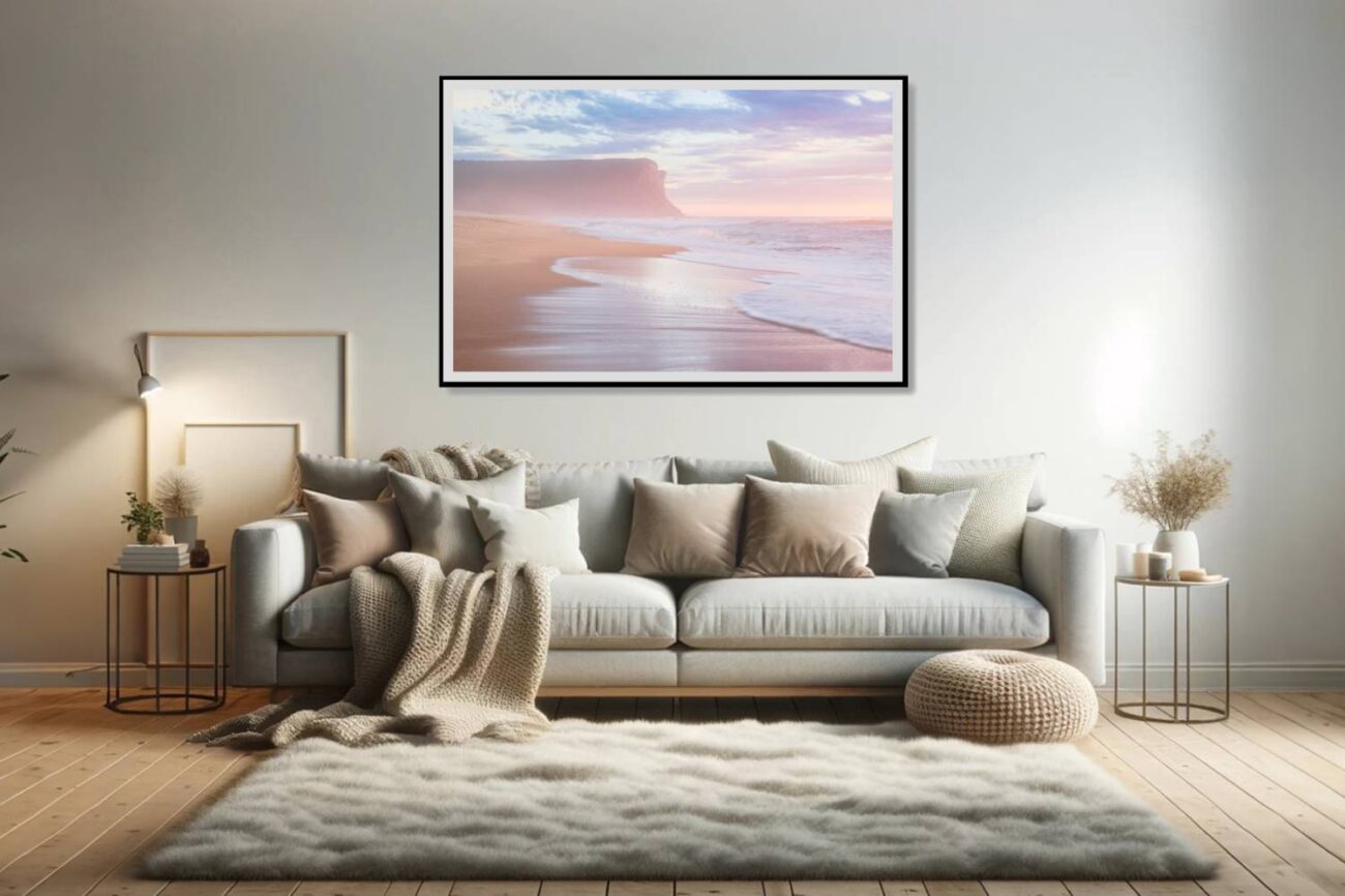 Living room art: Sunrise ignites the sky in pink beside Garie Beach's cliff face, vibrant pink wall art for the living room.