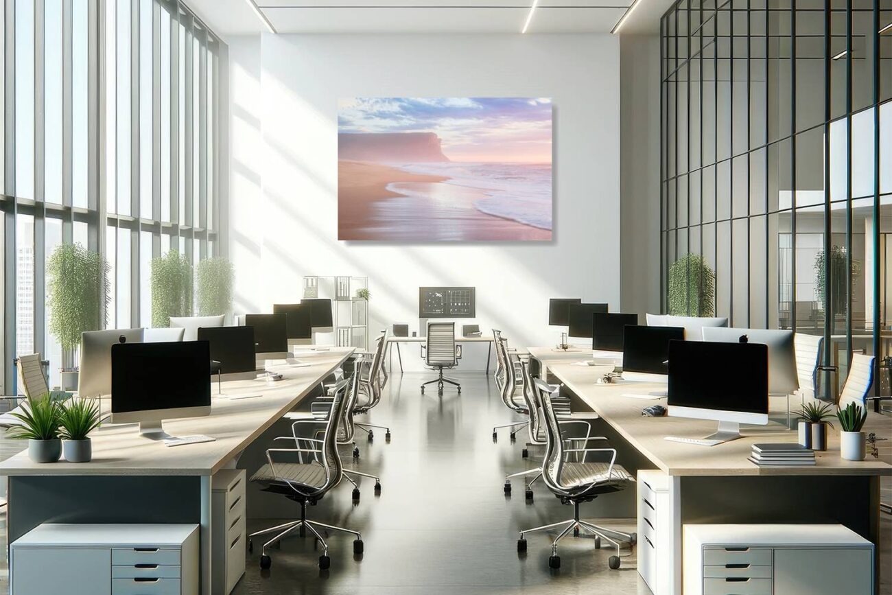 Office art: Garie Beach landscape with a pink-hued sunrise beside the cliff, dynamic pink wall art for office settings.