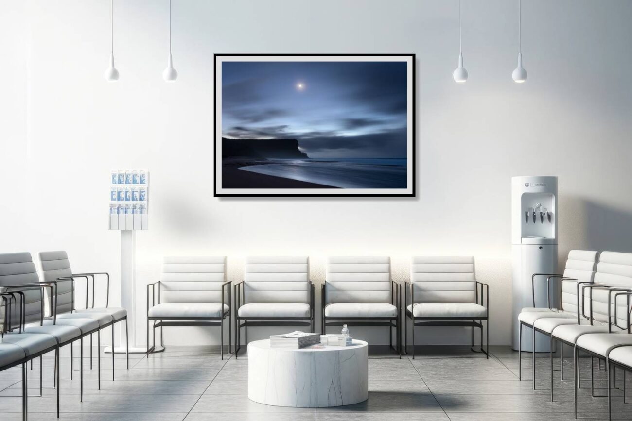 Medical office art: Serene night beach photography of Garie Beach under moonlight, soothing and tranquil for medical environments.