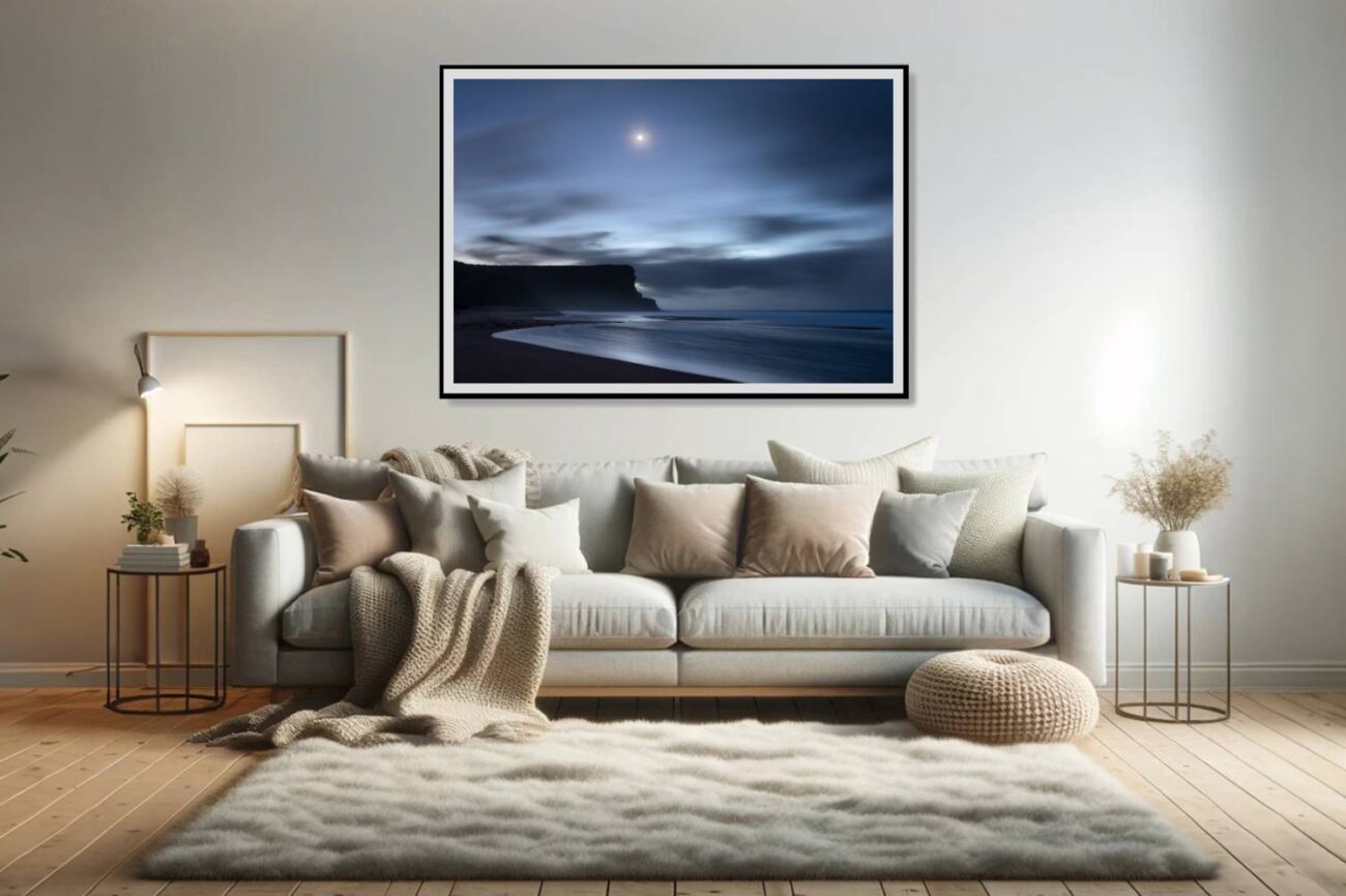 Living room art: Tranquil Garie Beach under a moonlit sky, captured in serene night beach photography for living room ambiance.