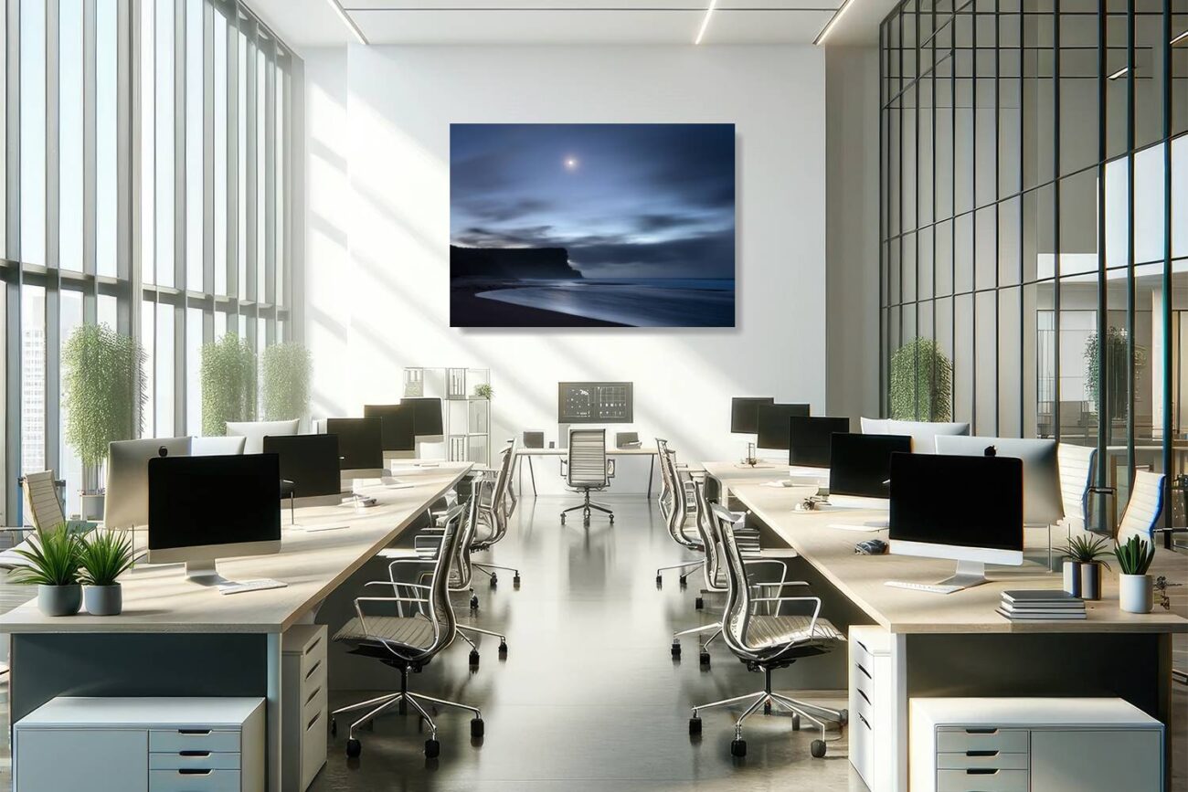 Office art: Night beach photography of Garie Beach under a tranquil moonlit sky, adding a peaceful touch to office spaces.