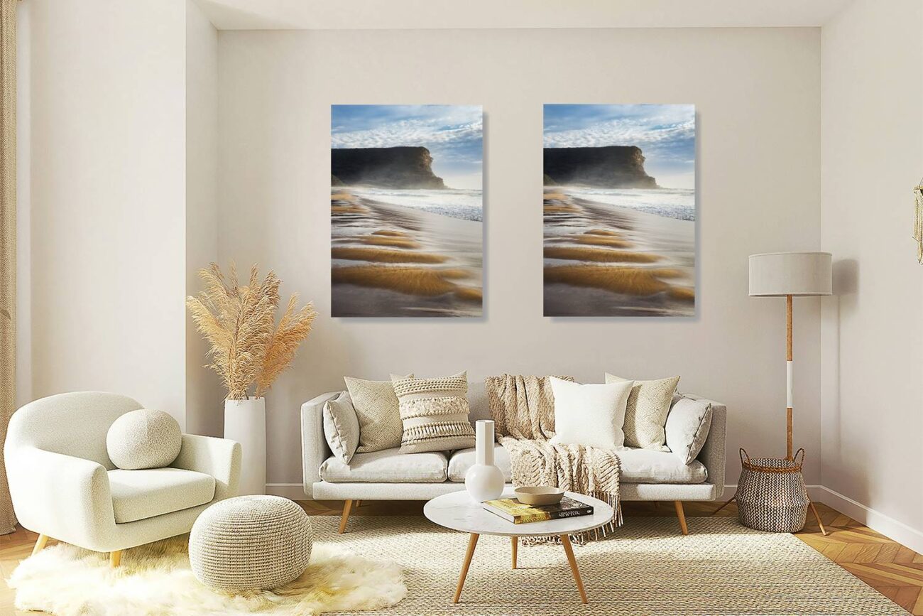 Living room art: Morning light creates rhythmic patterns on Garie Beach's golden sands, serene beach landscape for the living room.