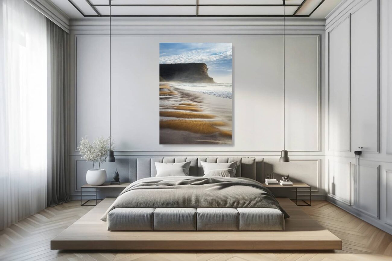 Bedroom art: Serene beach landscape of rhythmic patterns on Garie Beach's golden sands, perfect for calming bedroom decor.