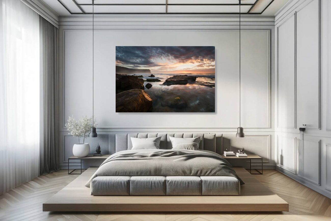 Bedroom art: Vibrant dawn colors reflected in Garie Beach tide pools, serene ocean art for bedroom ambiance.