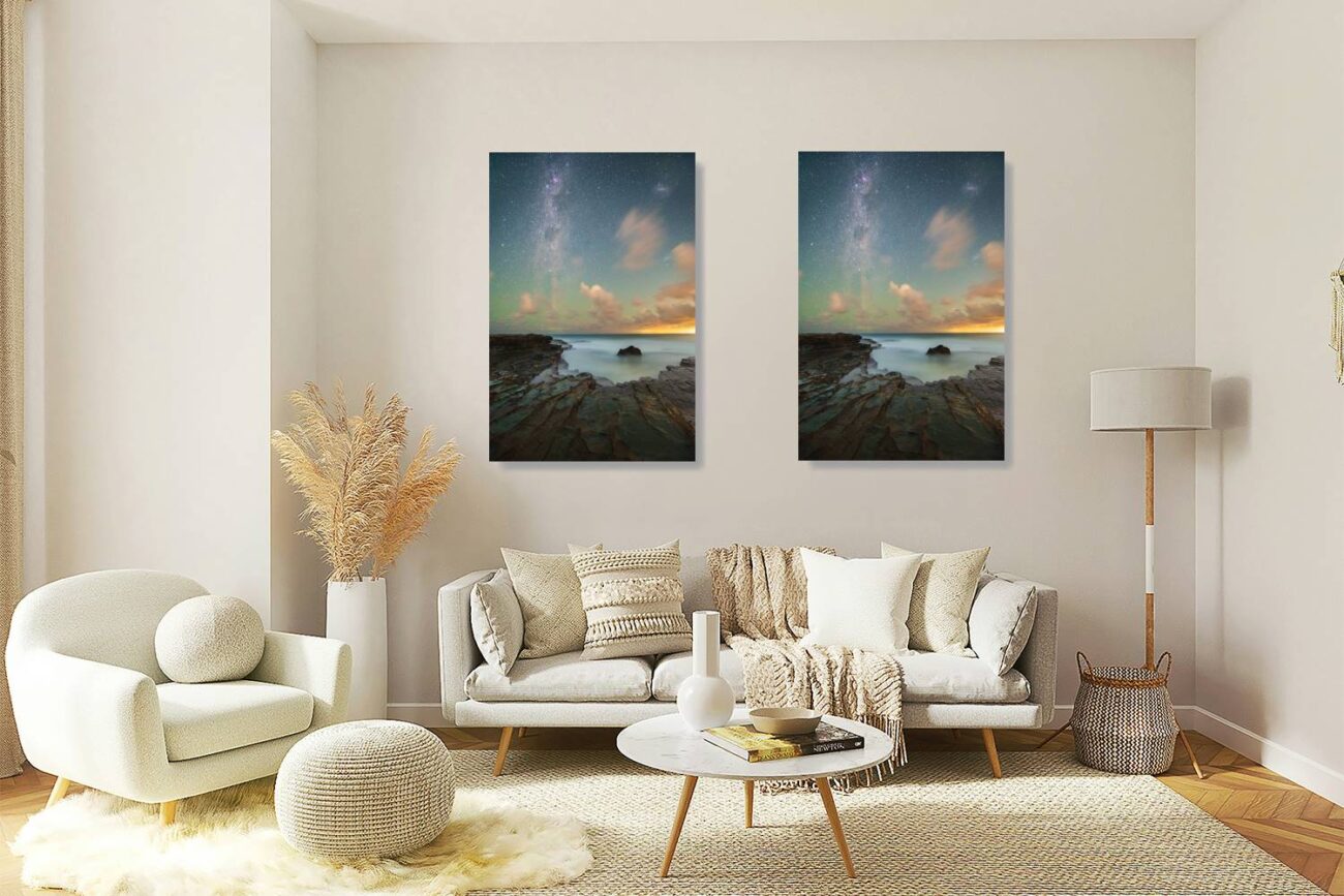 Living room art: "Through Aeons" captures the Milky Way stretching over Garie Beach, a night sky ocean artwork perfect for adding timeless beauty to living room decor.
