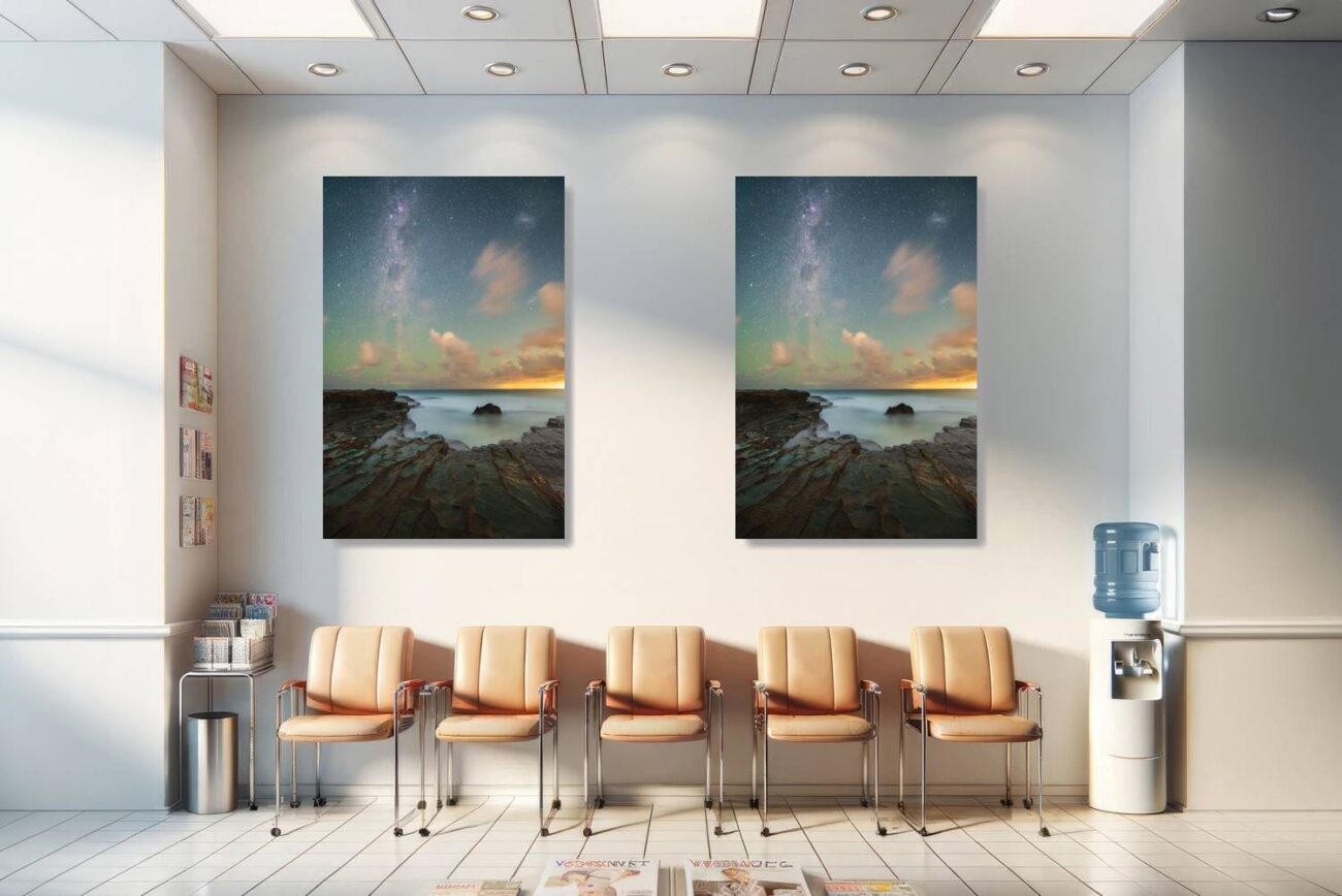 Medical office art: "Through Aeons" showcases the Milky Way over Garie Beach, a night sky ocean artwork that brings timeless beauty and serenity to medical settings.