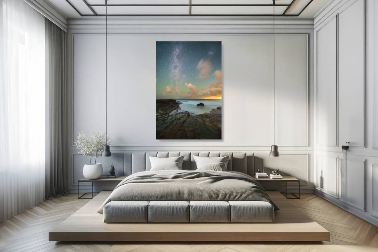 Bedroom art: Garie Beach under the Milky Way in "Through Aeons," offering a view of the night sky's timeless beauty, ideal for creating a tranquil bedroom environment.