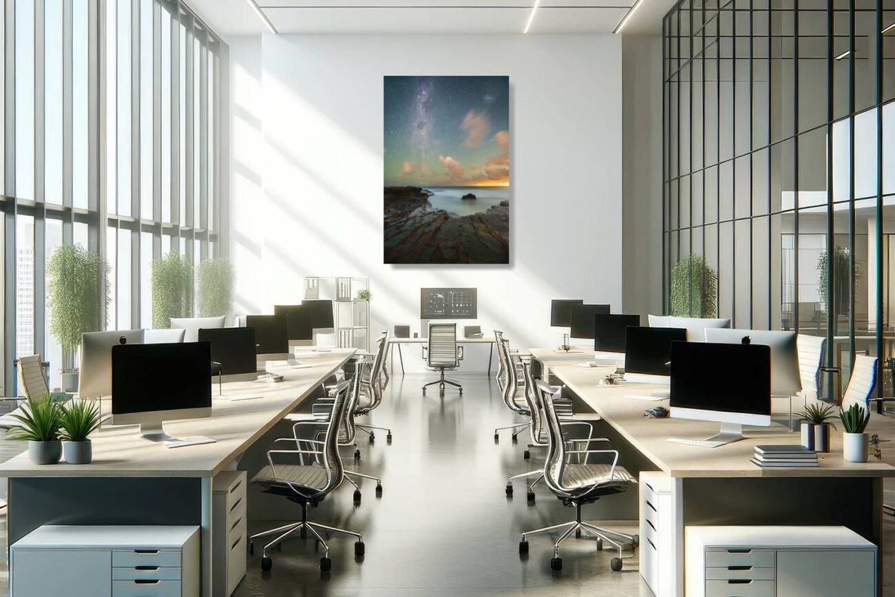 Office art: Night sky ocean artwork "Through Aeons," featuring the Milky Way over Garie Beach, inspiring and elevating office ambiance.