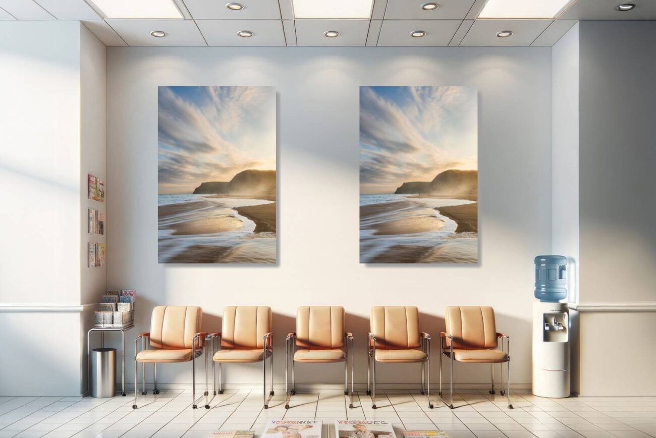 Medical office art: Pale orange and soft blue sunset clouds over Garie Beach, captured in tranquil orange wall art, soothing for medical environments.