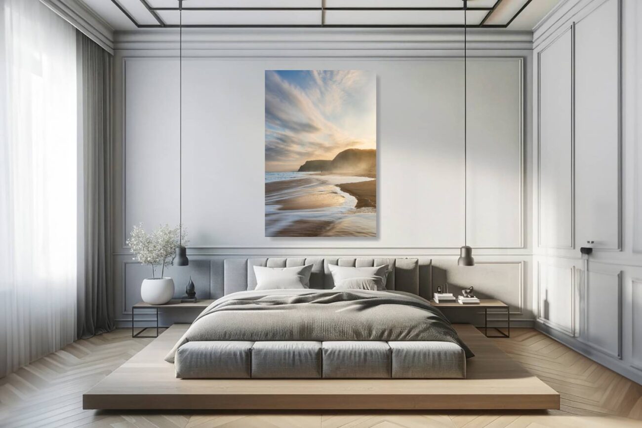 Bedroom art: Soft blue and pale orange streaked clouds at Garie Beach sunset, creating a tranquil dreamscape in orange wall art for the bedroom.