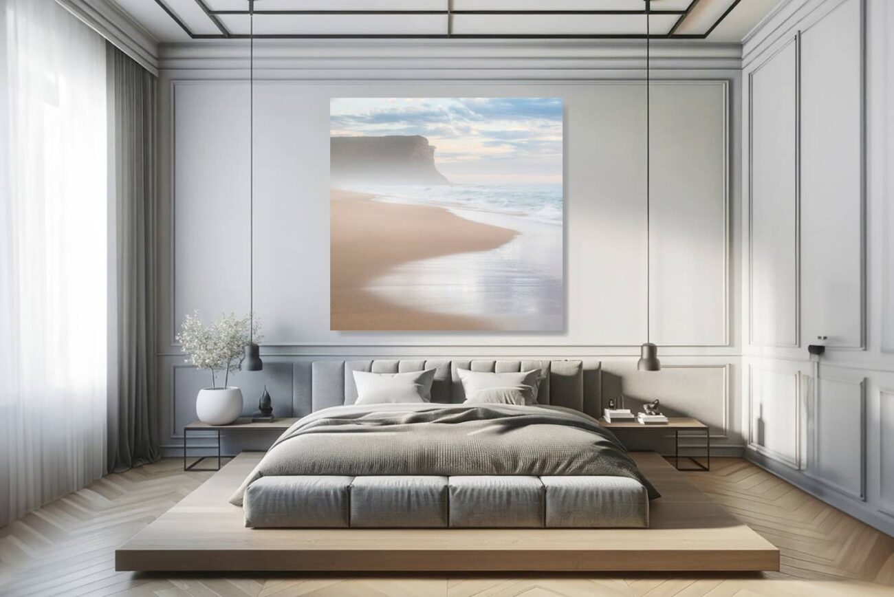 Bedroom art: Pastel art of Garie Beach at morning, gentle light touching the shore, perfect for serene bedroom decor.