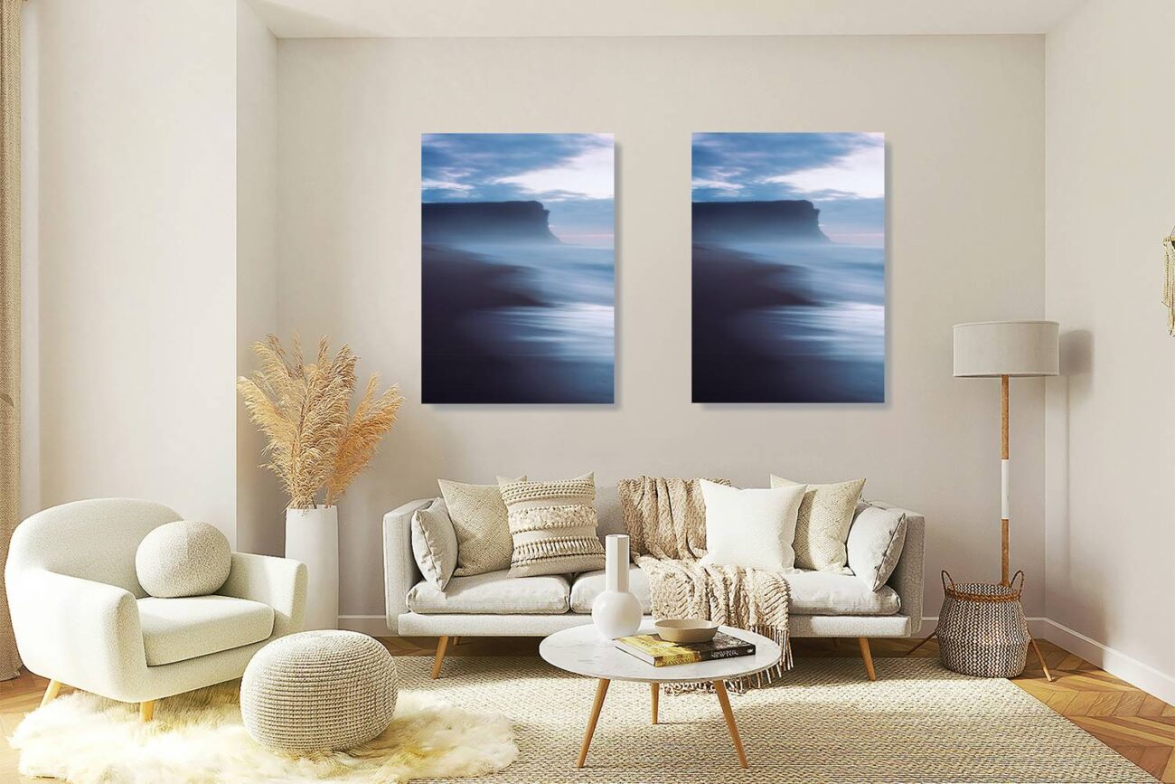 Living room art: Serene pre-dawn seascape at Garie Beach, navy and indigo hues creating a tranquil sea art piece for the living room.