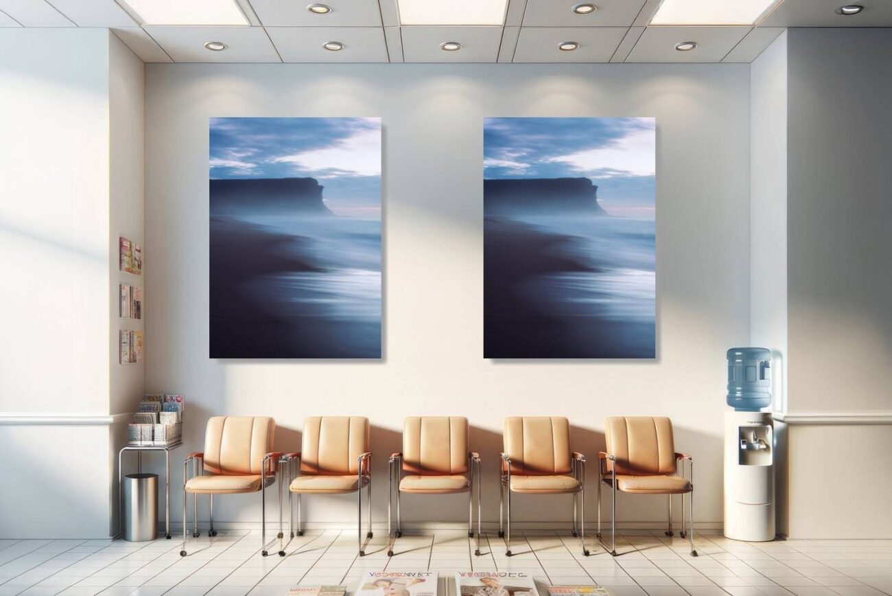 Medical office art: Garie Beach's serene pre-dawn seascape in navy and indigo hues, soothing sea art for medical settings.