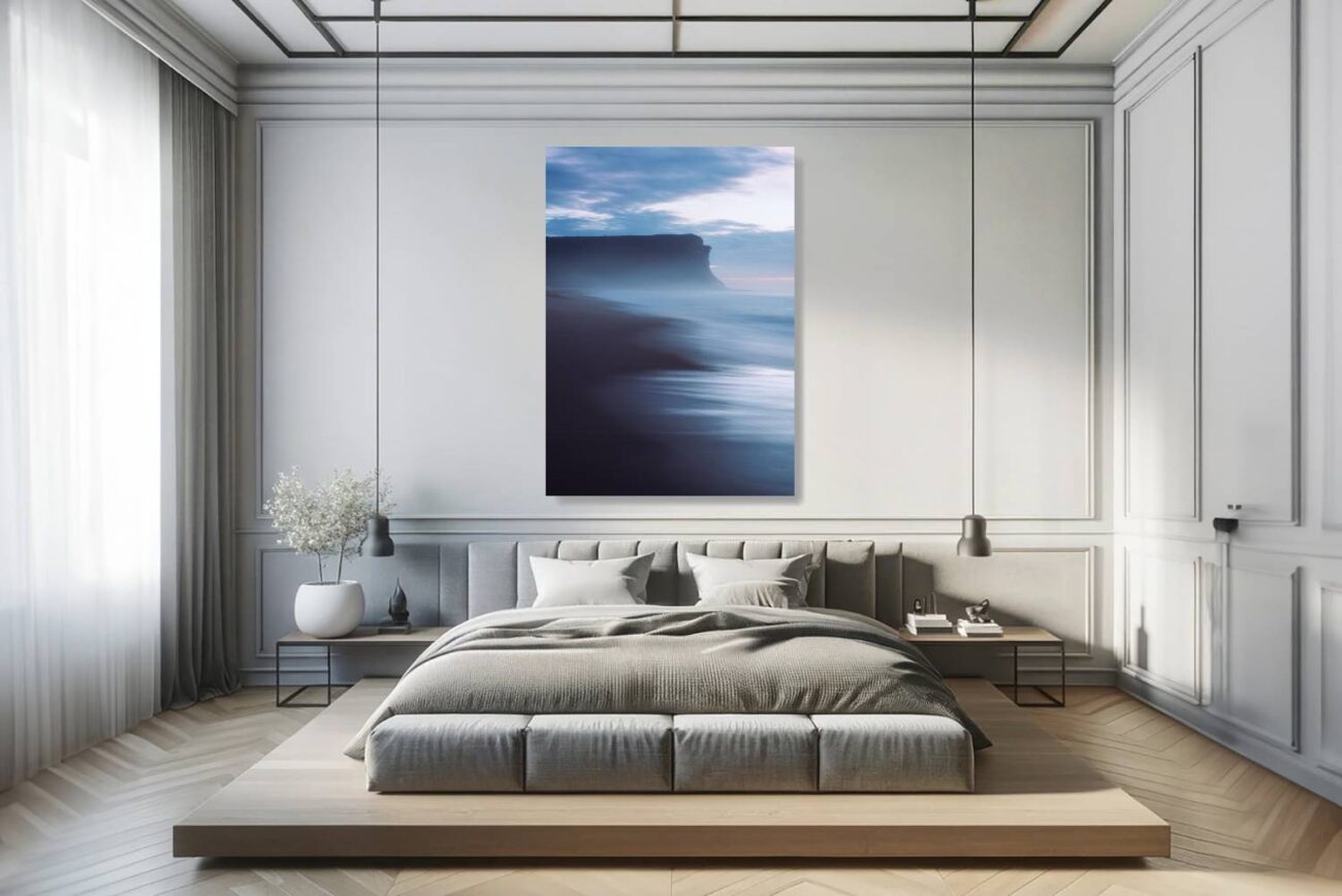 Bedroom art: Tranquil pre-dawn seascape of Garie Beach in navy and indigo, perfect for calming bedroom sea art.