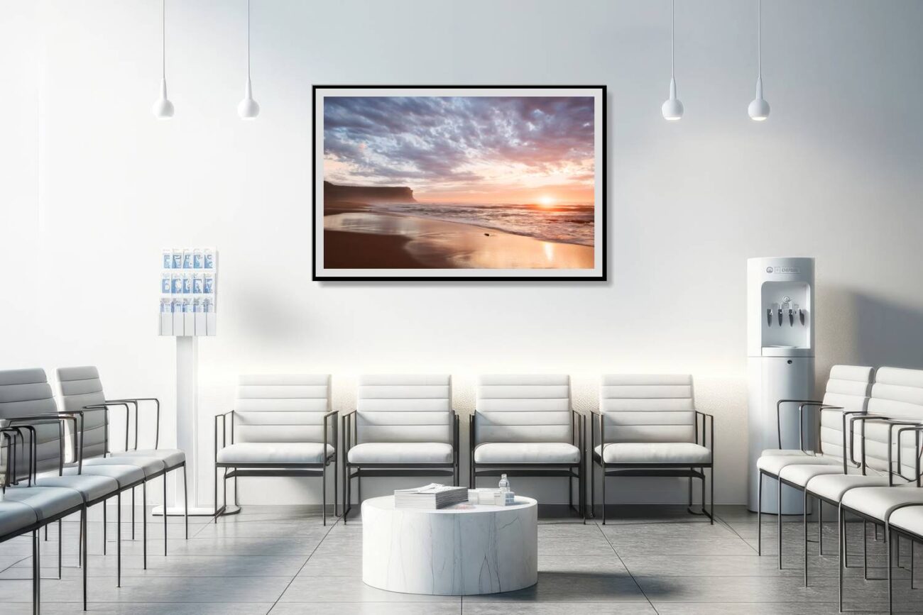 Medical office art: Pink and gold sunrise over Garie Beach, a peaceful and vibrant sunrise art piece for medical settings.