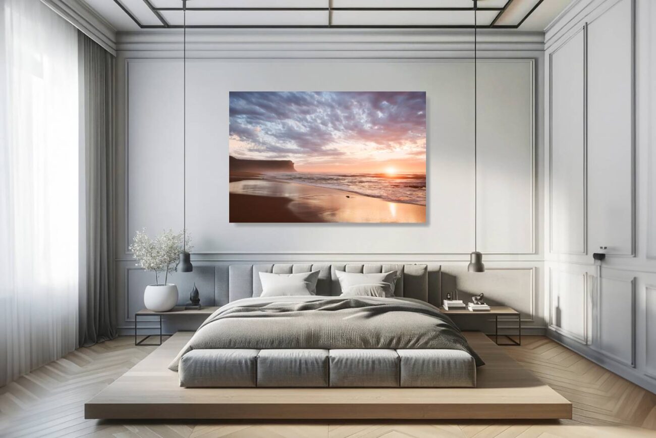 Bedroom art: Garie Beach at sunrise, with a sky in pink and gold hues, perfect for a calming bedroom sunrise art piece.
