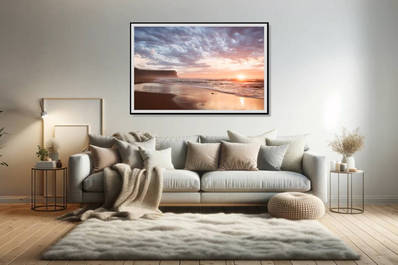 Living room art: Vibrant sunrise over Garie Beach, sky painted in pink and gold, a masterpiece of sunrise art for the living room.