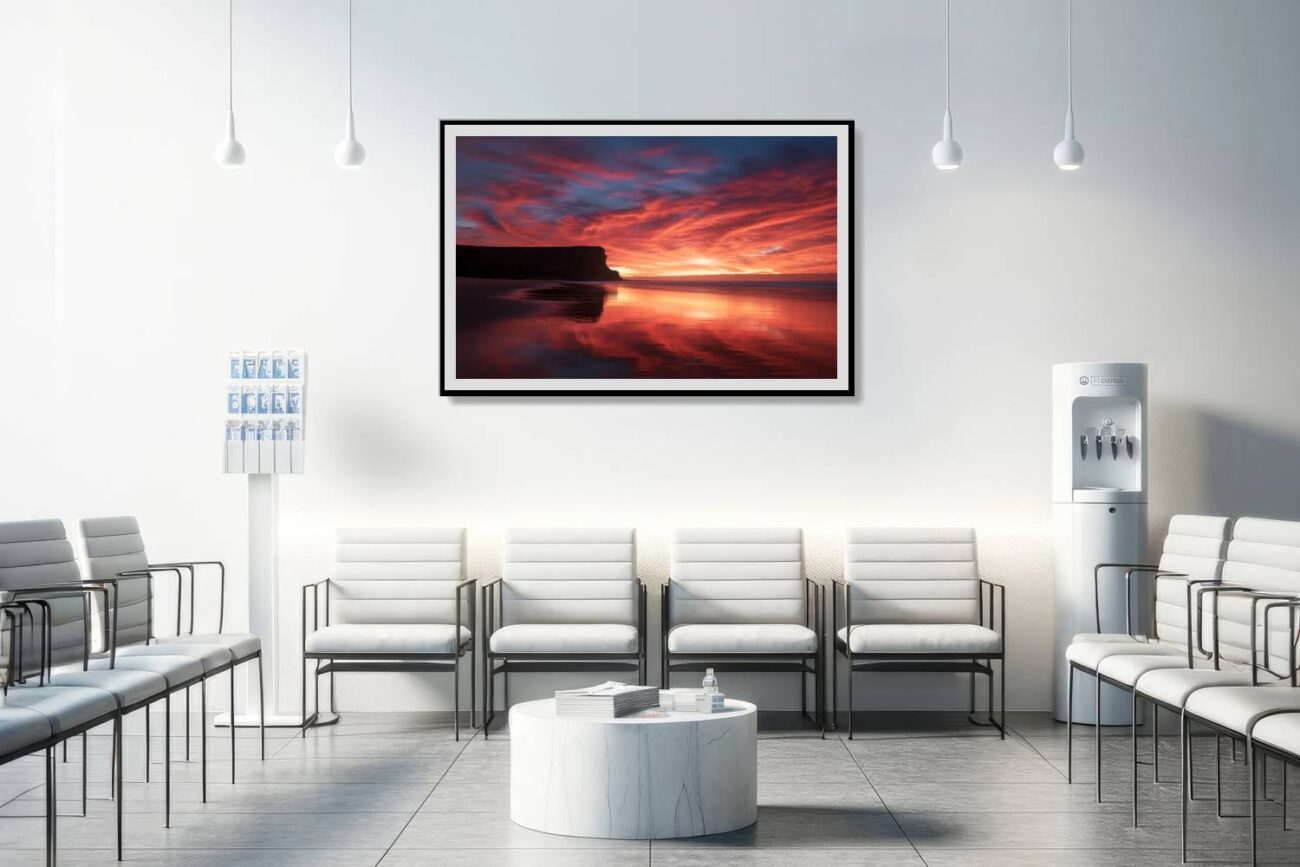 Medical office art: Sunrise at Garie Beach captured in an art print, intense red and orange hues setting the sky ablaze, uplifting for medical settings.