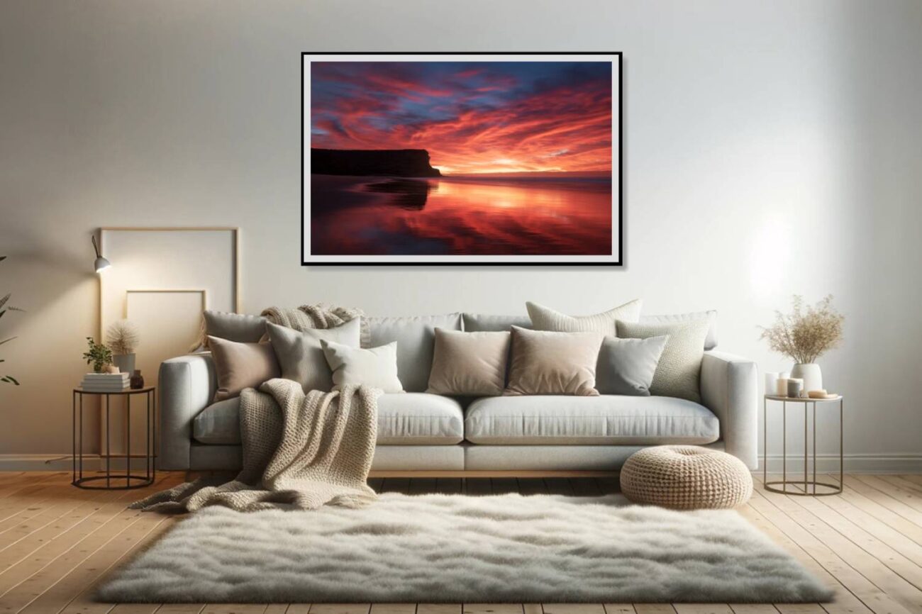 Living room art: Powerful sunrise art print of Garie Beach, sky ablaze in intense red and orange hues, ideal for dramatic living room decor.