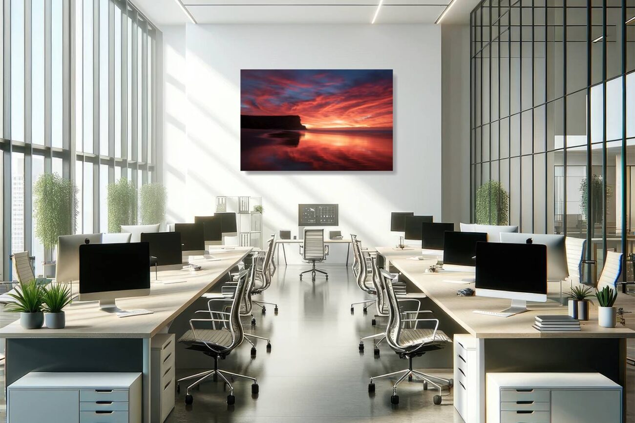 Office art: Garie Beach sunrise in vivid red and orange, a powerful art print to inspire and energize any office space.