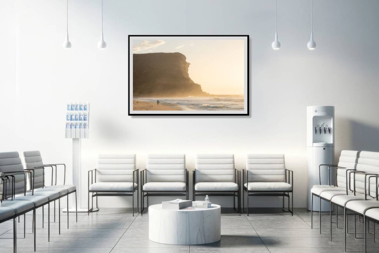 Medical office art: Sunrise artwork of Garie Beach cliffs enveloped in sunlight and mist, uplifting and serene for medical environments.
