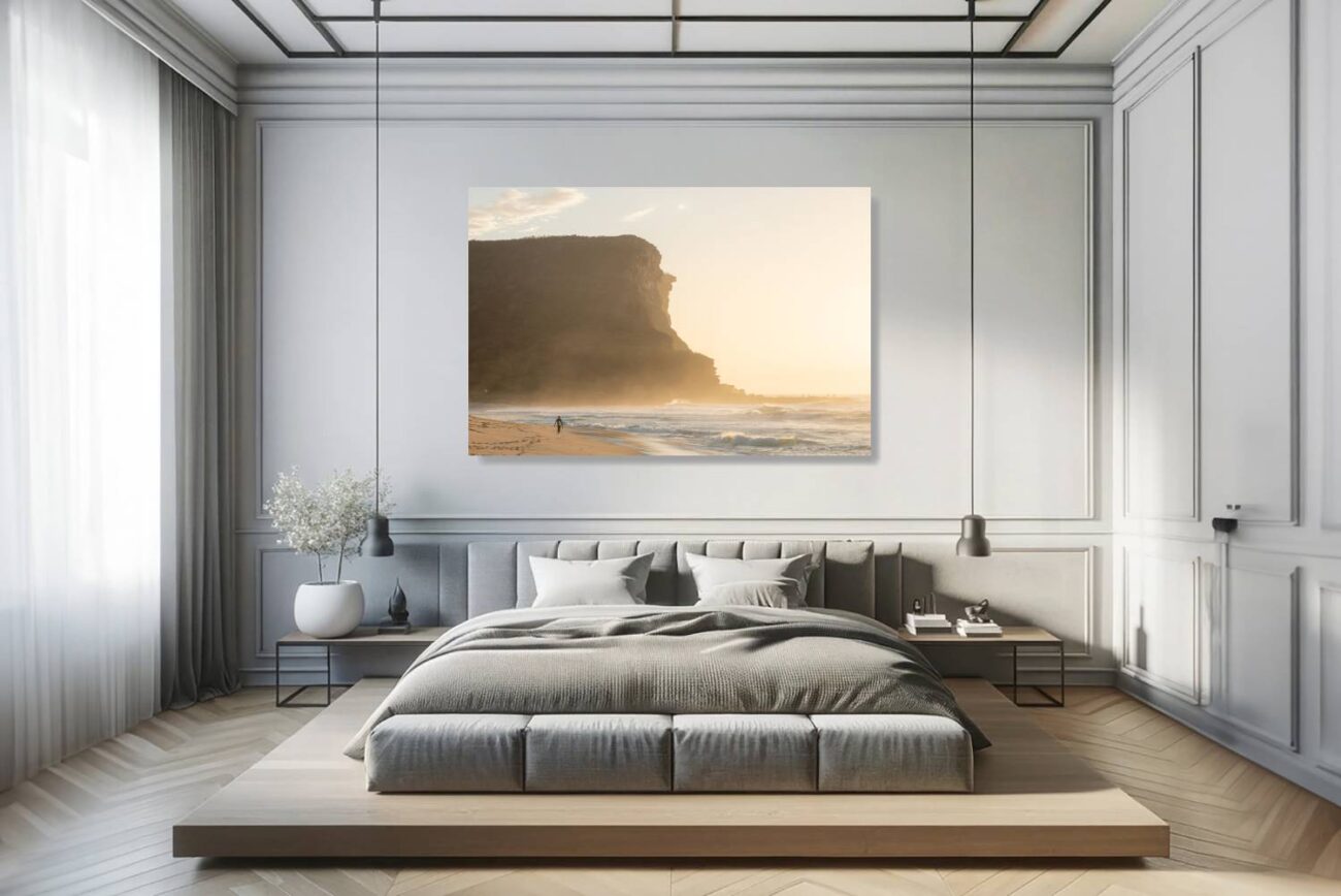 Bedroom art: Garie Beach at sunrise, where mist and sunlight intertwine, perfect for inspiring bedroom decor.