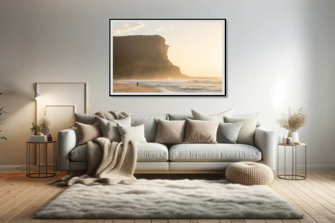 Living room art: Sunrise artwork featuring sunlight and mist dancing around Garie Beach cliffs, symbolizing a wonderful start.