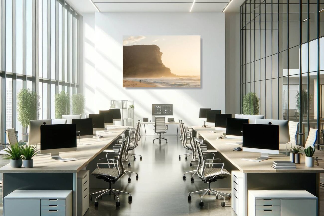 Office art: Artistic representation of Garie Beach cliffs with sunlight and mist, an inspiring start to any office day.