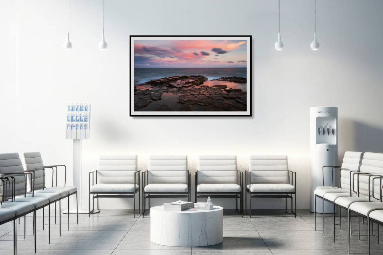 Medical office art: Fine art print of Garie Beach at sunset, pastel sky offering a sense of peace, ideal for calming medical environments.