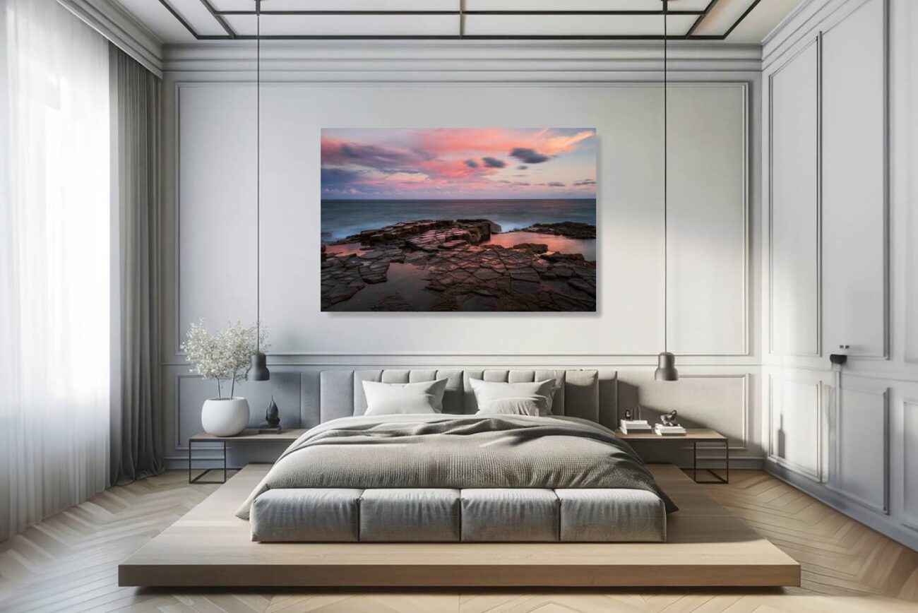 Bedroom art: Pastel sunset at Garie Beach in a fine art print, promising tranquility for a serene bedroom environment.