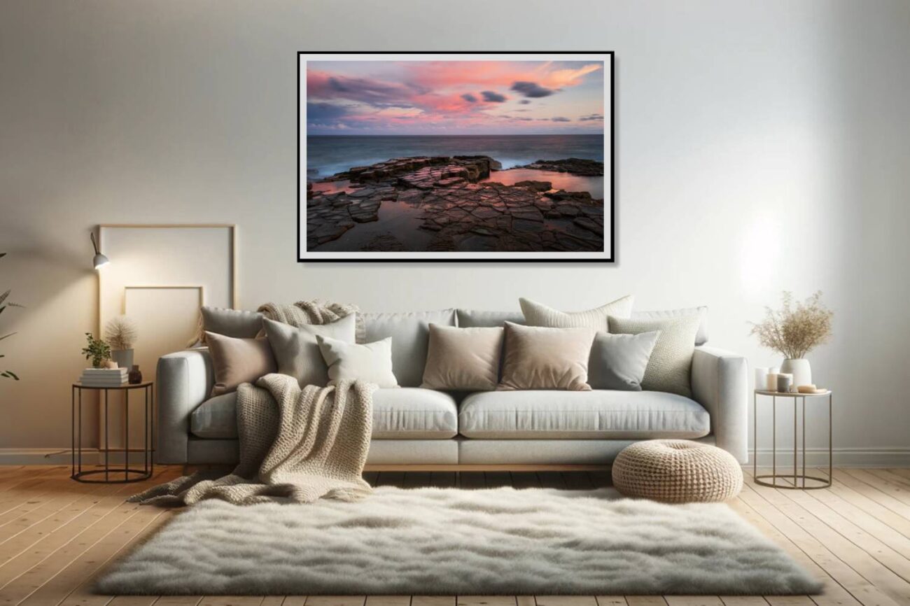 Living room art: Sunset at Garie Beach with a pastel-hued sky, offering peace in this fine art print, perfect for living room decor.