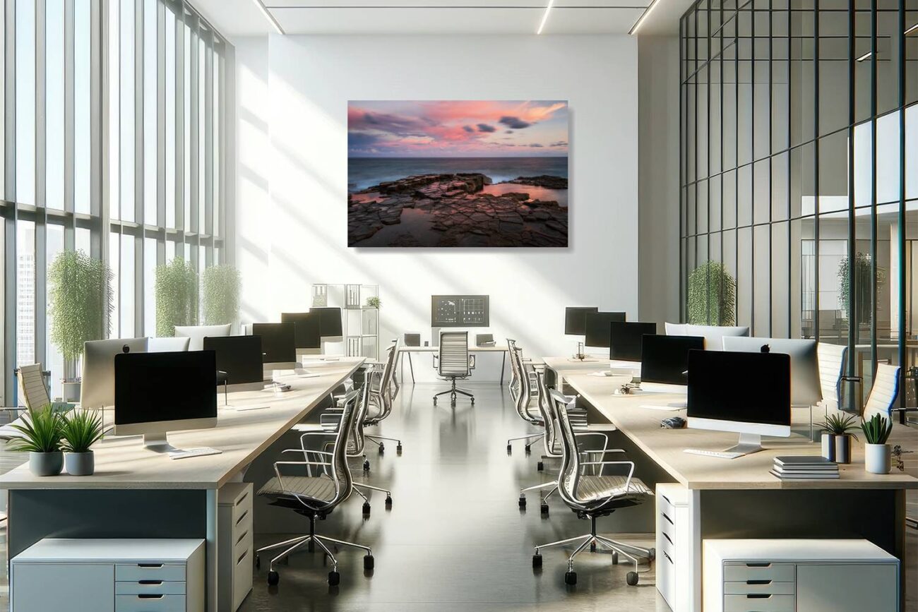 Office art: Garie Beach sunset captured in pastel tones, a fine art print that brings a promise of peace to office settings.