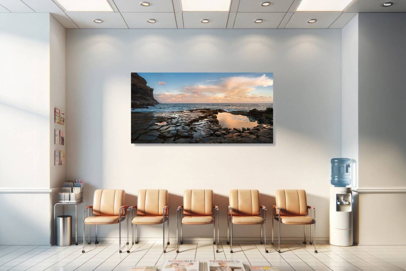 Medical office art: Twilight stillness at Garie Beach, with a tide pool reflecting sunset's vibrant colors, soothing for medical settings.