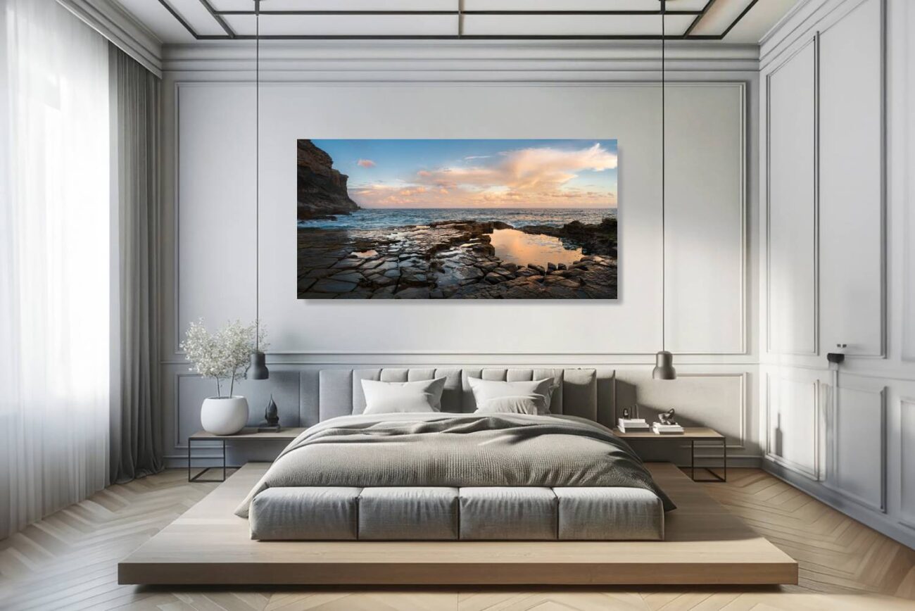 Bedroom art: Vibrant sunset colors reflected in Garie Beach's tide pool, a peaceful twilight scene ideal for bedroom ambiance.