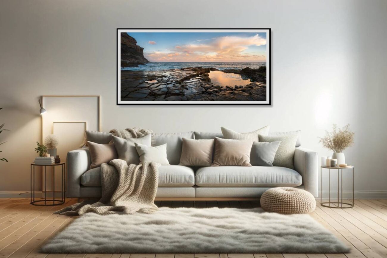 Living room art: Tranquil tide pool at Garie Beach reflecting vibrant sunset colors, capturing a moment of twilight stillness for living room decor.