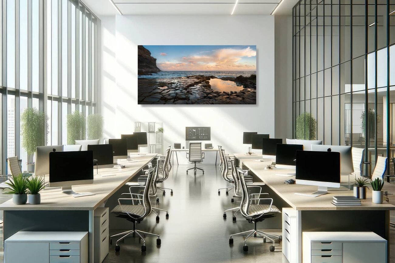 Office art: Tide pool at Garie Beach mirroring the colors of sunset in a tranquil twilight, enhancing office environments.