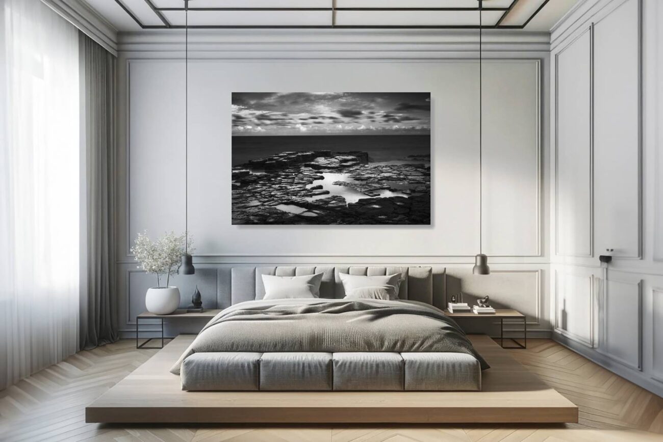 Bedroom art: Serene black and white wall art of "Charcoal Twilight" at Garie Beach, ideal for creating a tranquil bedroom setting.