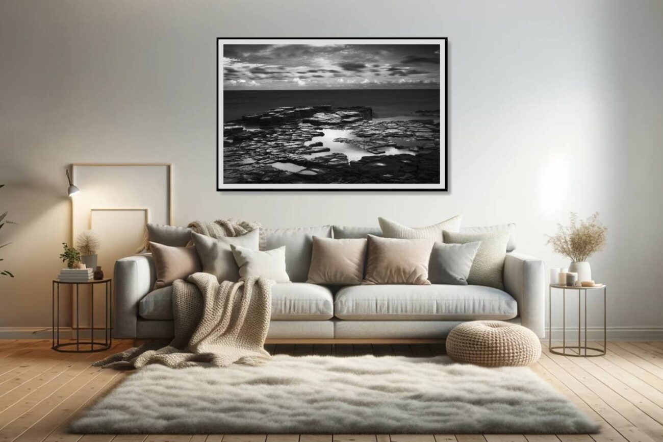 Living room art: "Charcoal Twilight" at Garie Beach, a stunning monochrome sunset in black and white wall art, perfect for living room ambiance.