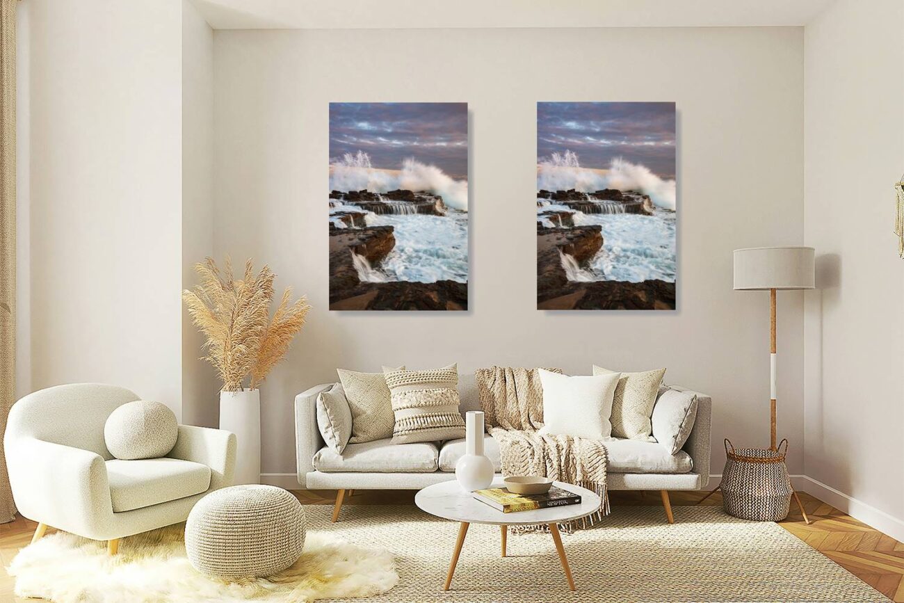 Living room art: Dynamic display of waves crashing against rocks at Garie Beach during sunset, saluting the day's end with a roar, perfect for living room decor.