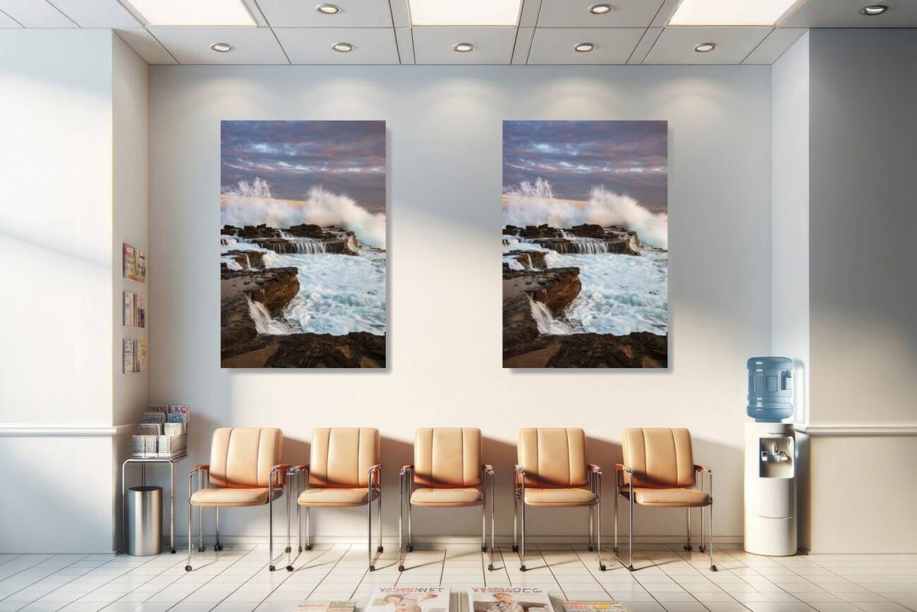 Medical office art: Sunset at Garie Beach with waves roaring against rocks, a dynamic and soothing photo for medical office settings.