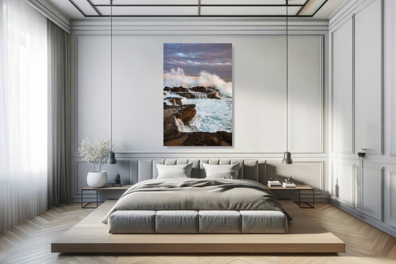 Bedroom art: Sunset at Garie Beach, where waves crash against rocks in a powerful salute to the day's end, creating a restful bedroom atmosphere.
