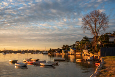 Calm Georges River reflecting the evening's softest glow in a soothing nature print.