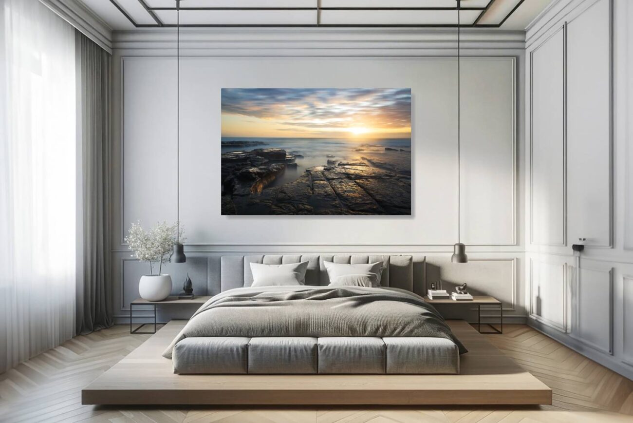 Bedroom art: Serene scene of a golden sunrise over Bulgo Beach, perfect for creating a tranquil bedroom atmosphere.