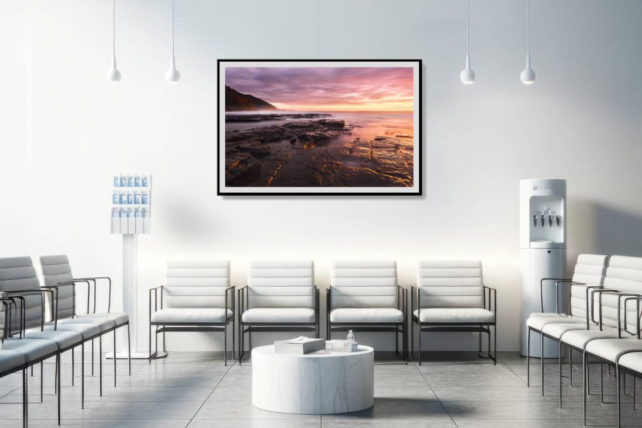 Medical office art: Serene Bulgo Beach pools illuminated by morning sun, in gold and pink wall art, calming and beautiful for medical settings.