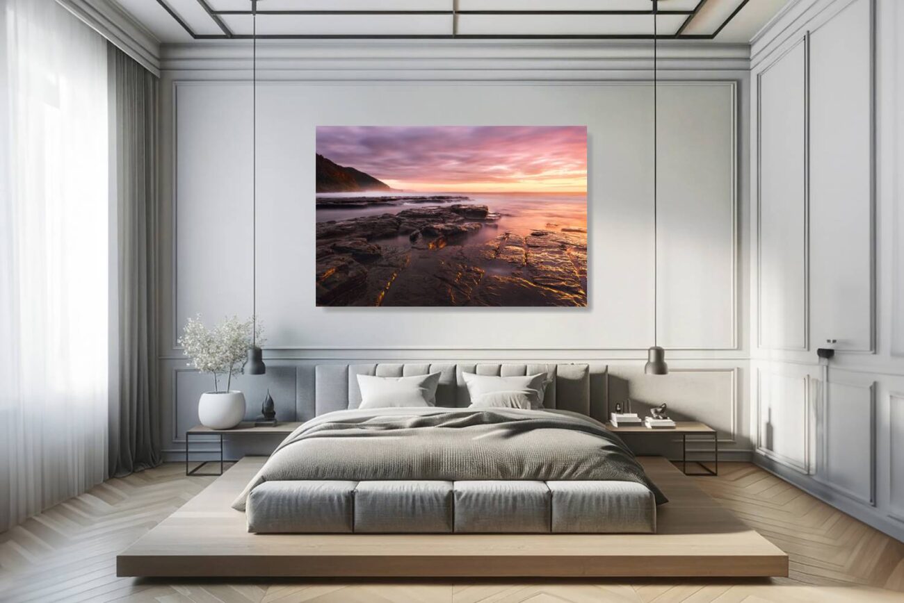 Bedroom art: Tranquil Bulgo Beach pools bathed in morning sunlight, rendered in soothing gold and pink tones for bedroom wall art.