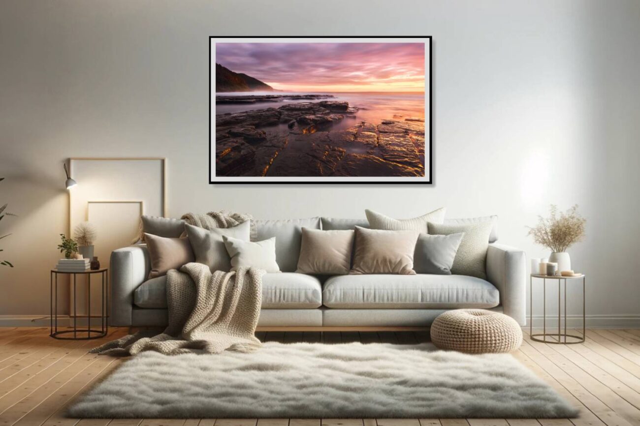 Living room art: Morning sun casting a golden glow on serene Bulgo Beach pools, captured in striking gold and pink wall art for the living room.