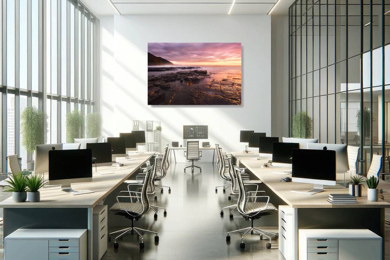 Office art: Gold and pink wall art of Bulgo Beach pools under the golden morning sun, enhancing office decor with serene colors.